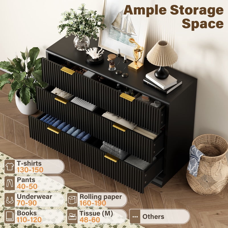 Lacoo 6 Drawer Fluted Dresser, Modern Ribbed Chest of Drawers with Gold Handles, Large Storage Dresser TV Stand for 50" TV