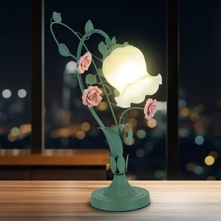 Flower Glass Table Lamp with 5.12-inch Wide, Glass Lampshade, Pad Base