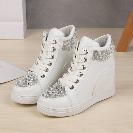 

Cathalem Womens Sneaker Boots Ladies Fashion Shoes Rhinestone Inner Heightening Solid Color Lace Up High Top Sport Shoes Technicalsportshoe White 7