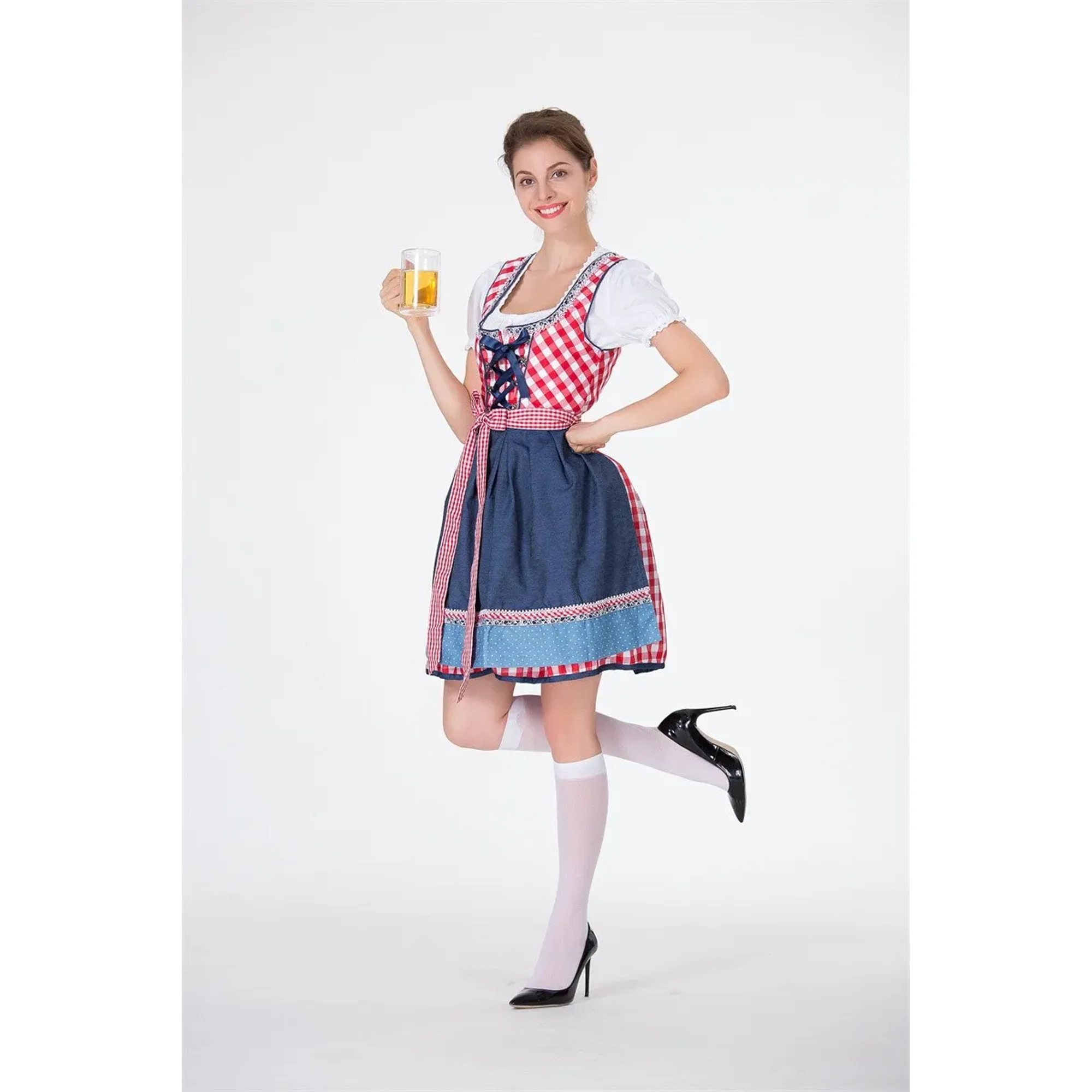 Traditionnel Oktoberfest Femme Dirndl Bavarois Robe Allemande Biere Fille Costume Plaid Dentelle Robe Halloween Fantaisie Fete Robe Walmart
