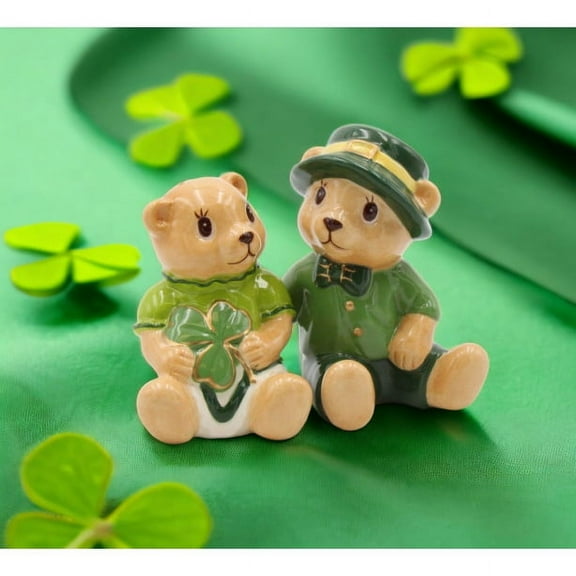 Ceramic Irish Teddy Bear Couple Shamrock Salt and Pepper Shakers