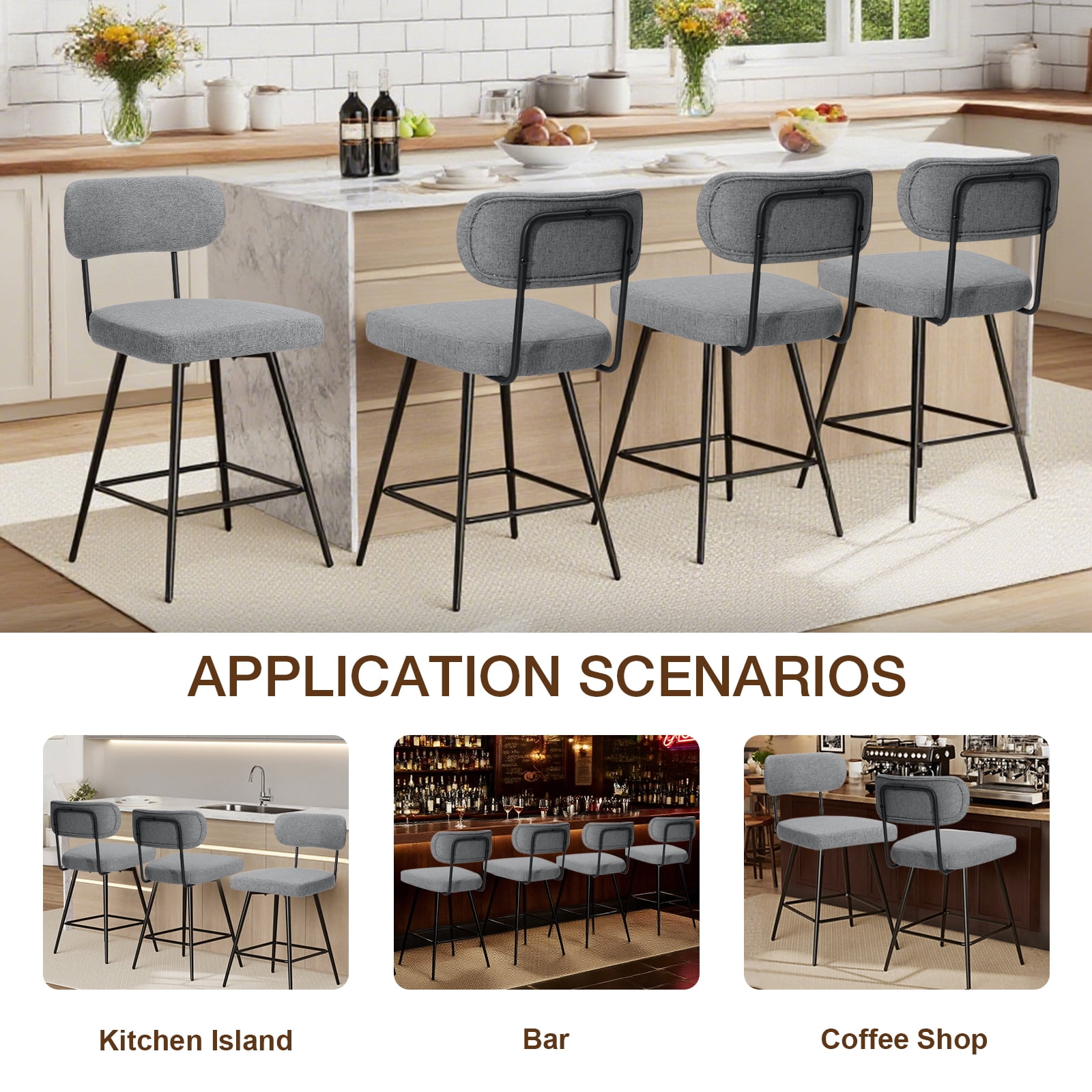 Hommpa Swivel Bar Stools Set of 3 Counter Height Barstools 26" Gray Linen Fabric Upholstered Kitchen Counter Stools with Backs, Metal Legs, Footrest and Wide Seat