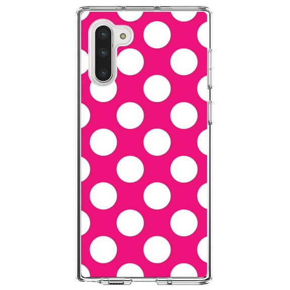 DistinctInk Clear Shockproof Hybrid Case for Samsung Galaxy Note 10 (6.3" Screen) - TPU Bumper, Acrylic Back, Tempered Glass Screen Protector - White & Hot Pink Polka Dots