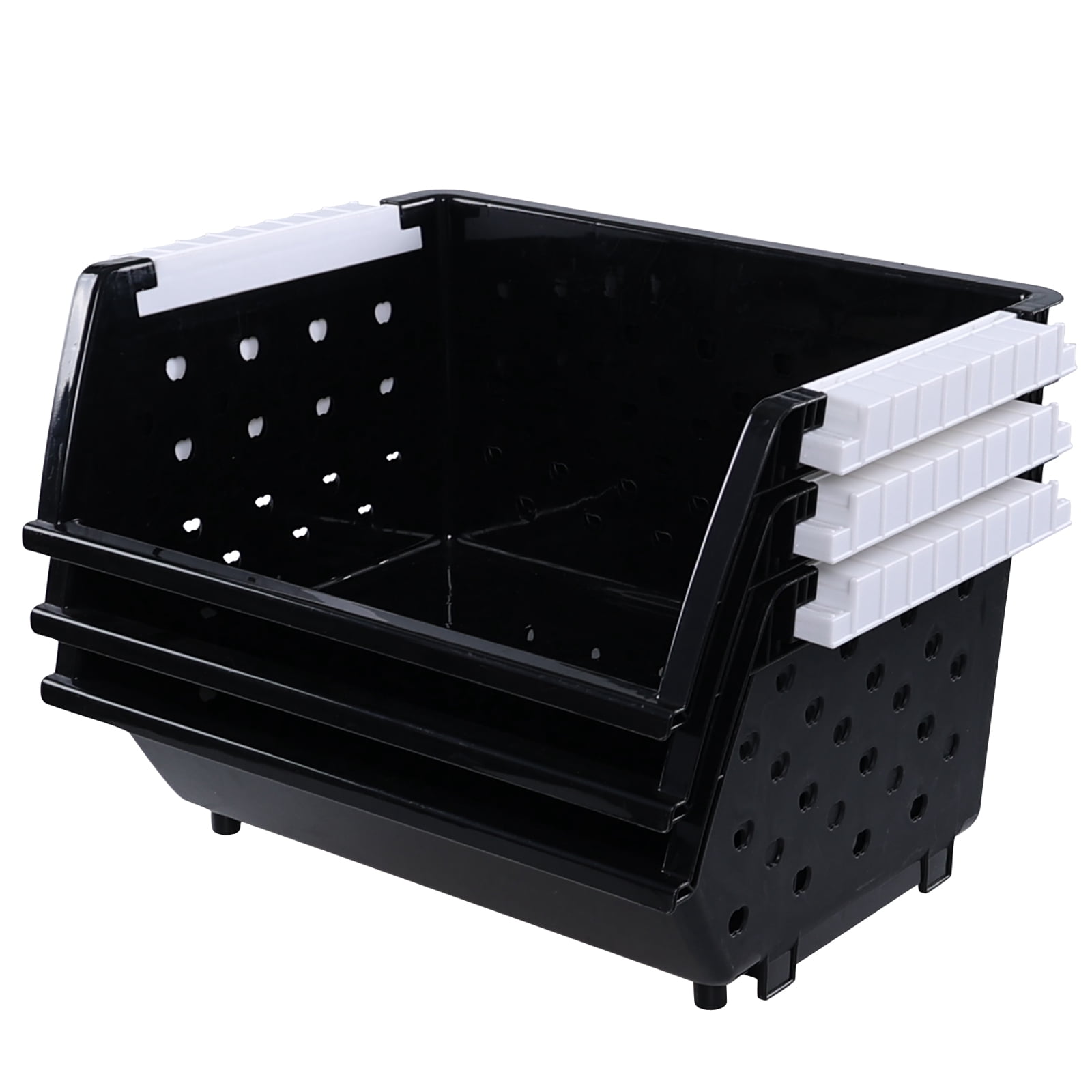 Anbers 3 Packs Plastic Stackable Storage Baskets, Large Stacking Bins, Black