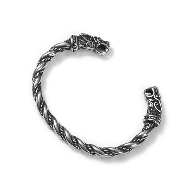 Brazalete vikingo de alambre trenzado con temática de dragón de acero inoxidable para hombre Brazalete de cabeza de dragón Brazalete trenzado (Plata)