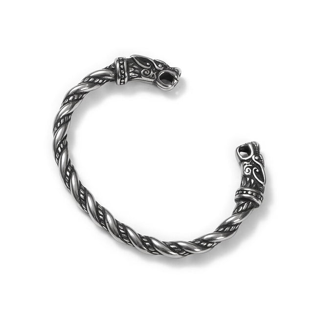 Brazalete vikingo de alambre trenzado con temática de dragón de acero inoxidable para hombre Brazalete de cabeza de dragón Brazalete trenzado (Plata)