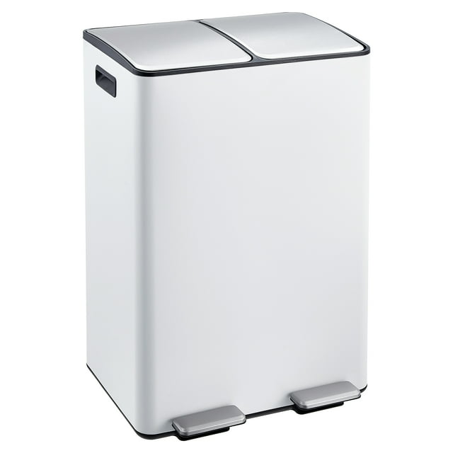 Dual Compartment Stainless Steel Trash & Recycling Bin – 16 Gallon (2 x 8 Gal), Step Pedal, Removable Inner Buckets, Double Lids, Odor Control, for Kitchen, Home, Office