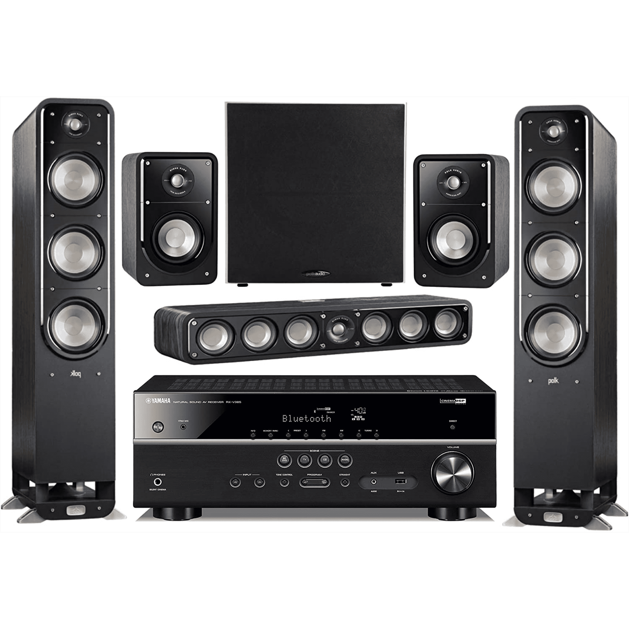 Yamaha 5.1-Channel Wireless Bluetooth 4K 3D A/V Surround Sound Receiver + Polk Multimedia Home Theater Speaker System