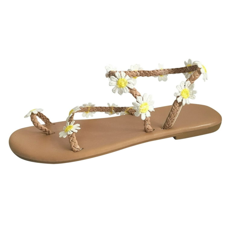 Mepaouo Women's White Flowers Strappy Flip Flop Toe Ring Boho