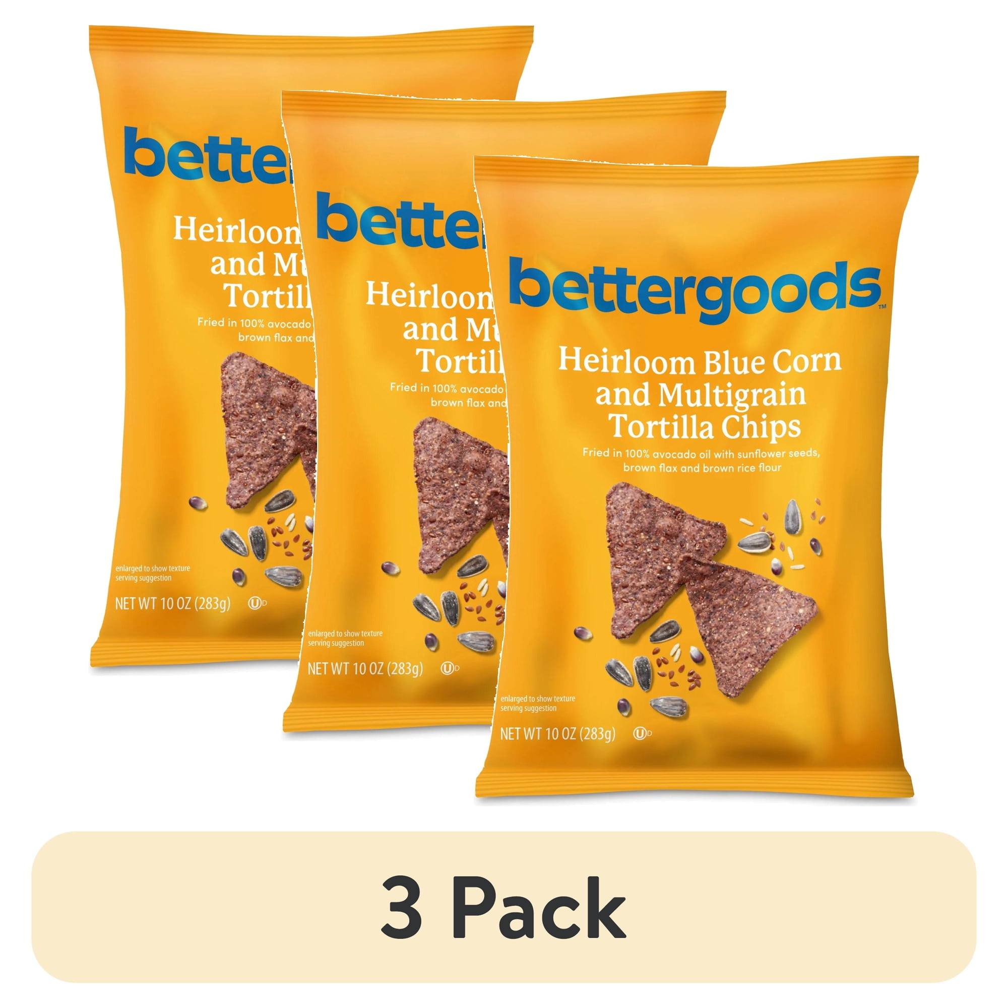 (3 pack) bettergoods Heirloom Blue Corn and Multigrain Tortilla Chips, 10 oz