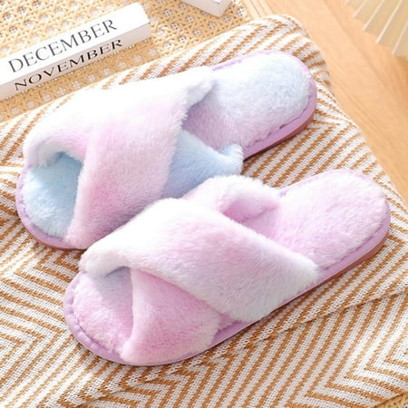 

Women Cross Band Slip On Slippers Fluffy Fleece Lined Home Slippers Faux Fur Open Toe House Shoe 5-8.5