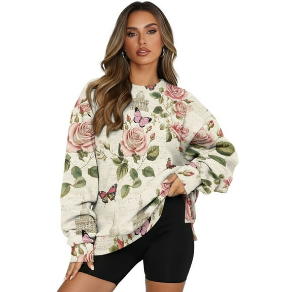 HELLHERO Vintage Butterfly Flower Print Women Oversized Sweatshirt Casual Long Sleeve Pullover Tops Crewneck Sweater Size L