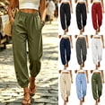 thumbnail image 2 of Qingpeng Womens Textured Woven Jogger Pants Elastic Drawstring High Waisted Side Hidden Pockets Button Decor Cuff Loose Summer Casual Trousers, 2 of 7