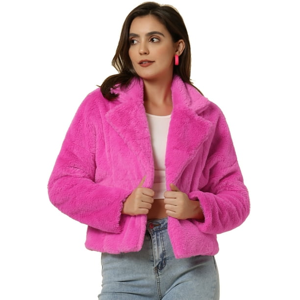 Chaqueta corta para mujer Allegra K con solapa de muesca y piel sintética esponjosa Rosa Caliente XS