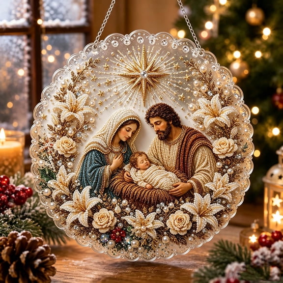 DIY Holy Family Nativity Diamond Painting Suncatcher Hanging Ornament Kit, Pearl Round Acrylic Sun Catcher, Diamond Art Decor for Christmas Religious Home Holiday Gift 20X20cm