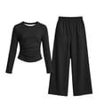 thumbnail image 5 of OGLCCG Girls 2 Piece Outfit Set, Ruched Long‑Sleeve Crop Top and Elastic Waist Wide Leg Pants Casual Tracksuit for Girls(Black,5-6 Years), 5 of 6