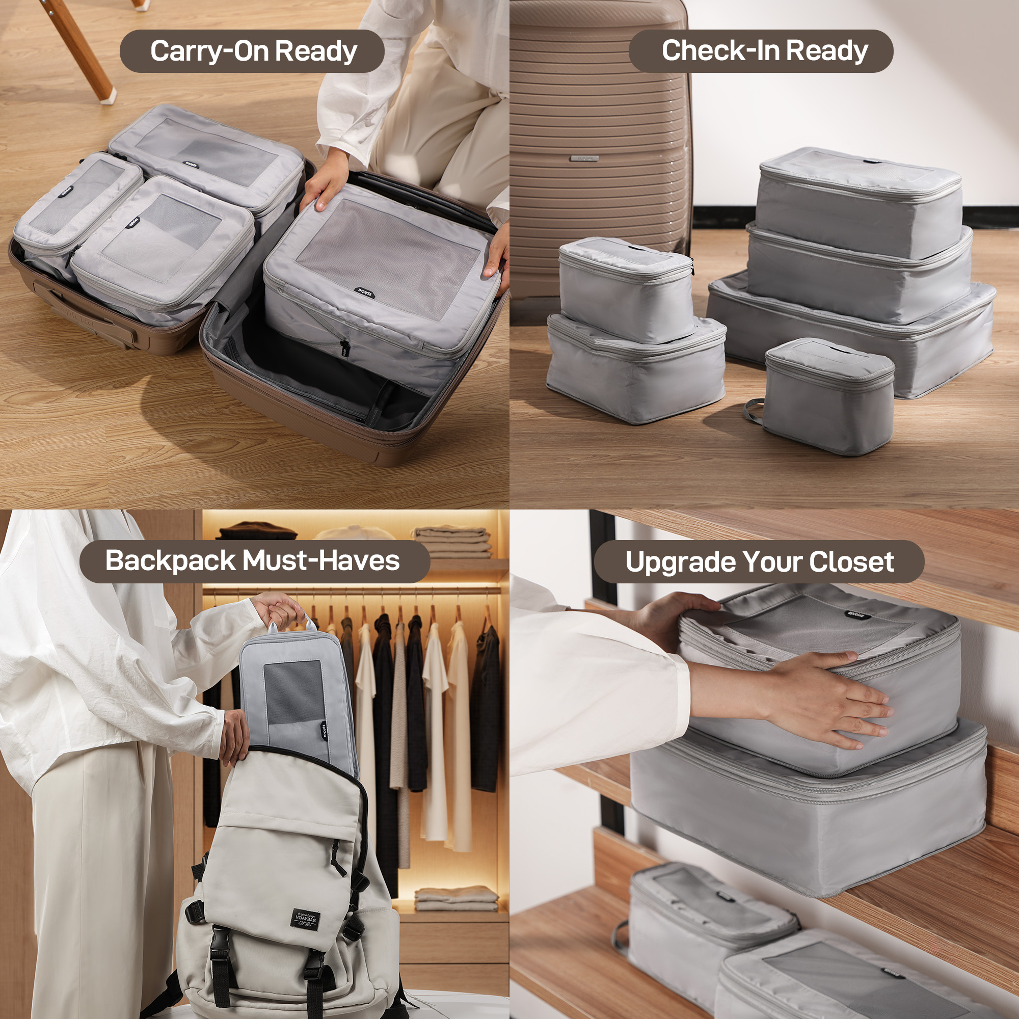 EPICKA TripCozy Compression Packing Cubes - 4 Set Durable Travel Organizer Bags with Mesh Top for Carry on (Light Grey)