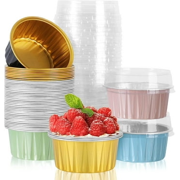 Aluminum Foil Mini Cake Pans with Lids, 50pcs 5oz Disposable Ramekins,Cupcake Baking Cups Muffin Tins,Aluminum Dessert Cups Containers Flans,Cupcake Cups Liners Holders(5 Colors Mixed K)