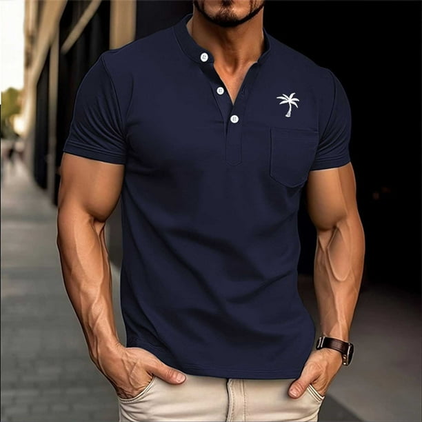 Tops para hombre, blusas y camisas de manga corta con cuello redondo para hombre, blusas casuales con estampado de botones, manga corta, cuello vuelto, blusas de poliéster para hombre