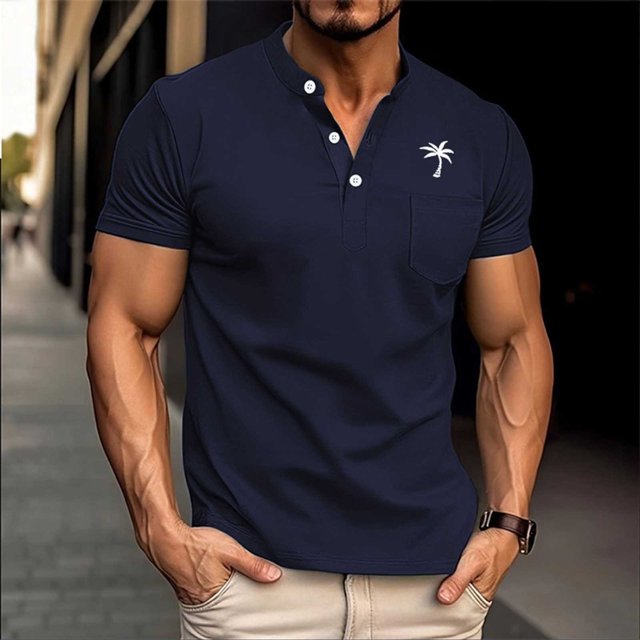 Tops para hombre, blusas y camisas de manga corta con cuello redondo para hombre, blusas casuales con estampado de botones, manga corta, cuello vuelto, blusas de poliéster para hombre