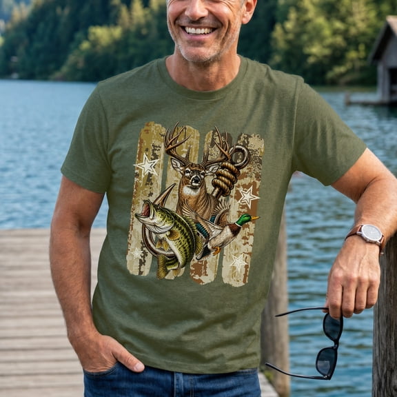 Jollimate Hunting and Fishing T-Shirt, American Flag Outdoor Graphic Tee, Patriotic Buck Shirt for Men