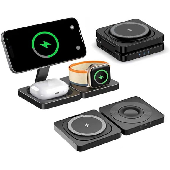 3-in-1 Foldable Wireless Charging Station Compatible with iPhone 17/16/15/14/13/12, Apple Watch, AirPods, Magnetic Fast Charging Stand, Travel Charger