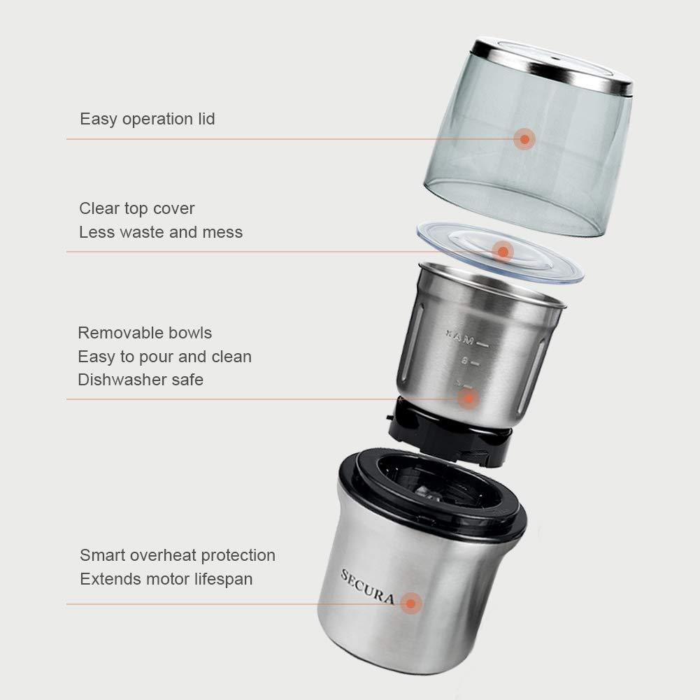 Secura Electric Coffee Grinder and Spice Grinder with 2 Stainless Steel Blades Removable Bowls