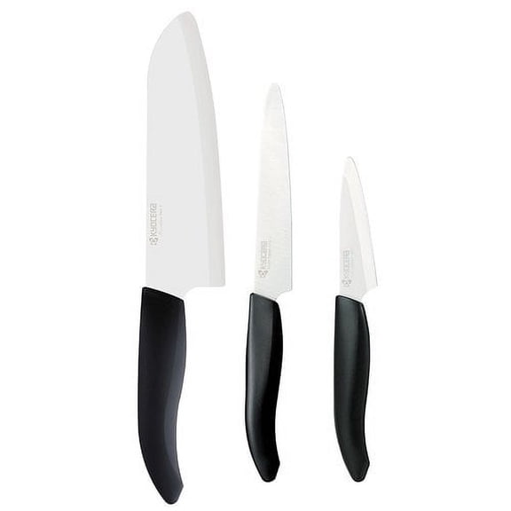 Kyocera Advanced Ceramic Revolution 3 Piece Knife Set with 5.5" Santoku, 4. 5" Utility and 3" Paring Knife, Black/White