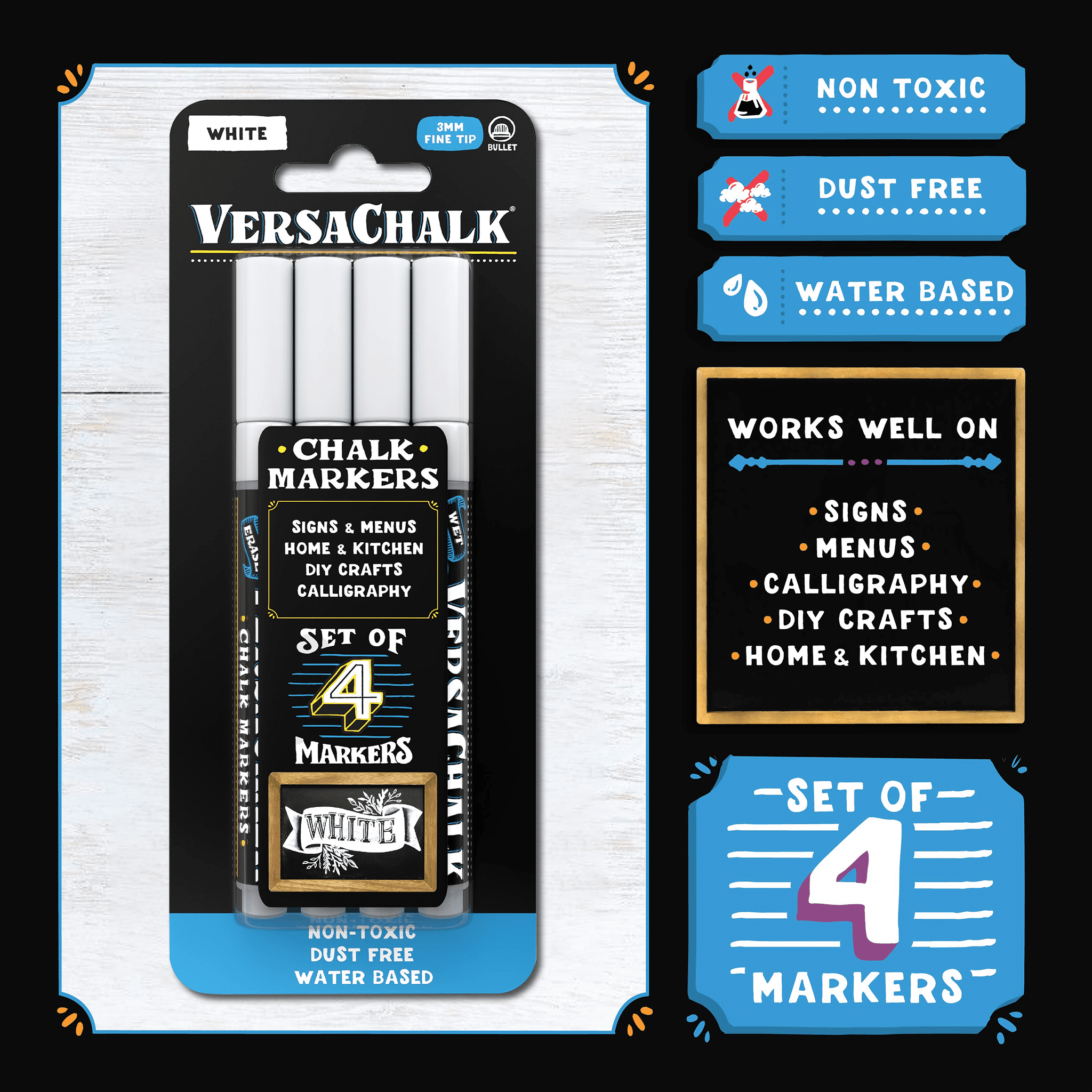 VersaChalk Liquid Chalk Markers - Bright White, 3mm Fine Tip, 4 Pack