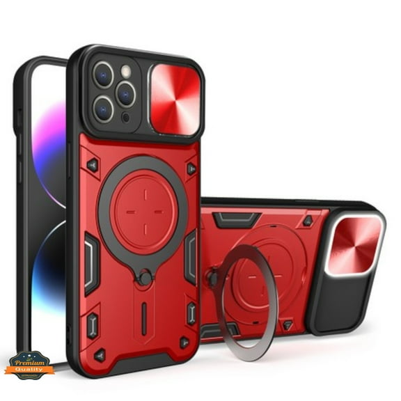 For Apple iPhone 16 Plus (6.7") Magnetic Circle Ring Stand Compatible with Magsafe and Sliding Camera Lens Protector Hybrid Shockproof Phone Case Cover by Xpression - Red