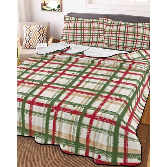 Green Red Checkered Queen Size Down Alternative Comforter, Lightweight Comforter Quilt Bedding Set with Pillow Shams Farmhouse Christmas Winter Striped All Seasons Bed Comforter Duvet Insert 90"x96"