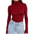 thumbnail image 2 of Elainilye Fashion Women's Undershirt Tight Long Sleeve Shirt Comfortable Solid Color Round Neck Underlay Tops,Red, 2 of 3