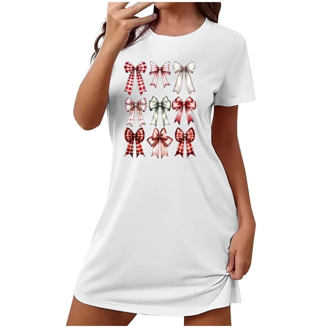 Tnhcen Pyjama Polyvalent Grande Taille Soie de Lait Robe Courte Double Face Col Rond Été Imprimé Mignon Polyester Spandex P-2TG pour Dormir/se Détendre