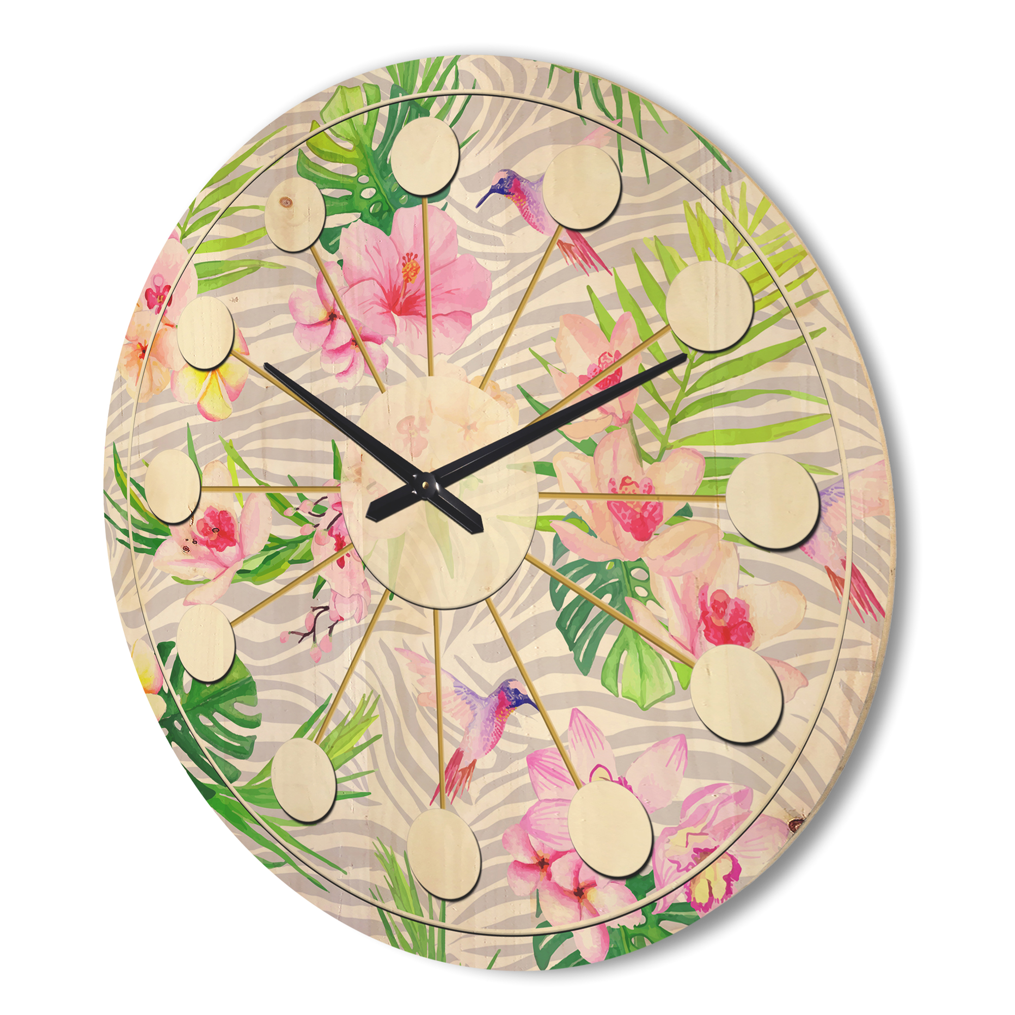 Designart 'Flowers and Tropical Botanicals III' Mid-Century Modern Wood Wall Clock
