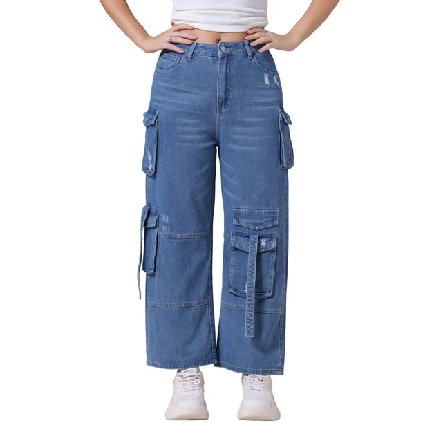 INSPIRE CHIC Pantalones de mezclilla para mujer, estilo baggy, pierna ancha, tiro medio, con bolsillos cargo, color azul