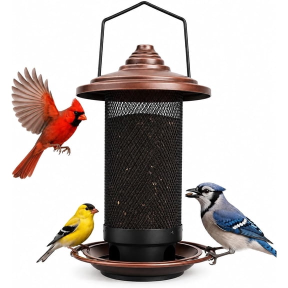 Happy Wings Metal Mesh Tube Bird Feeder for Outdoor Hanging, Premium Seed Feeder with 360-degree Perch, Durable Garden Wild Bird Feeder -Brown