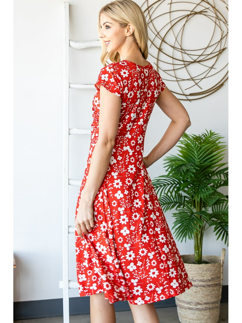 red v neck skater dress Elegant Red Satin V-neck Skater Dress For Women