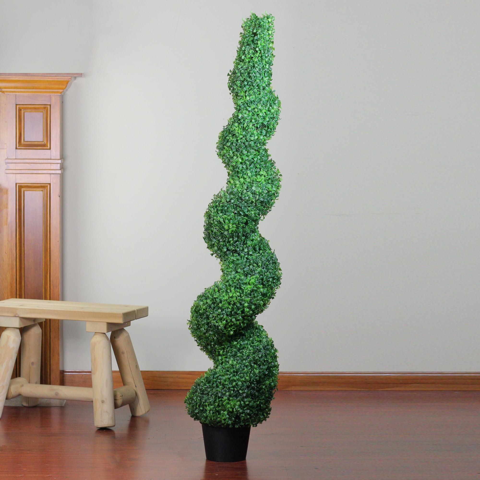 5' Potted Two Tone Green Spiral Boxwood Artificial Topiaries Garden Tree