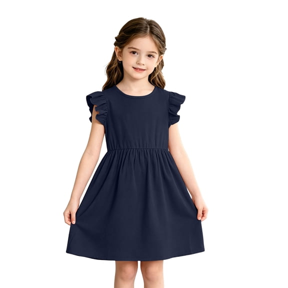 Grblisyd Girls Dresses Size 10-12 Summer Solid Color Cotton Linen Sundress Casual Party Wedding Ruffle Sleeve Crew Neck Knee Length A Line Dress