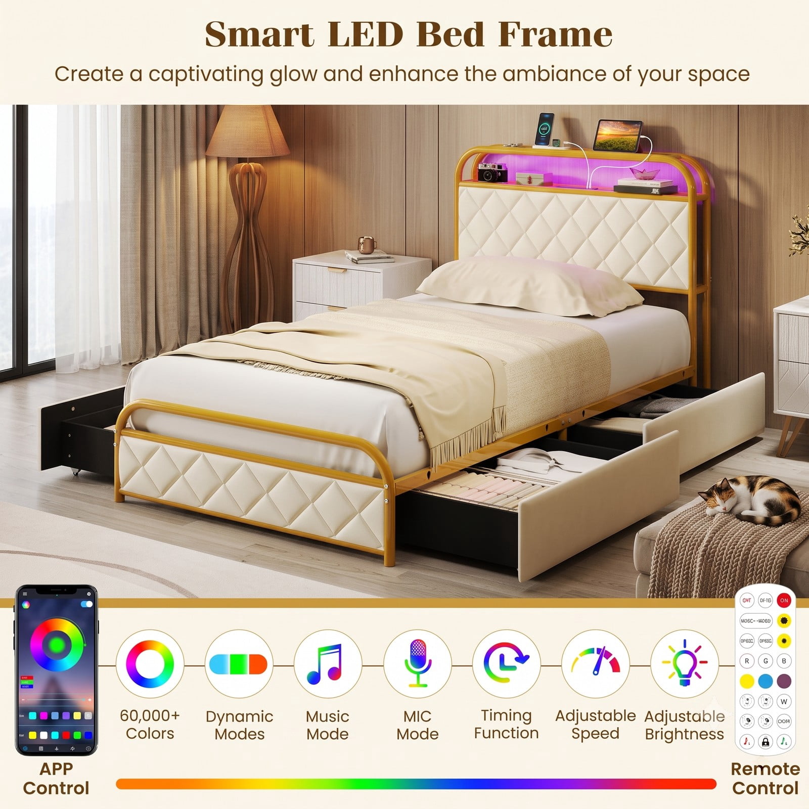 Furnibear Twin Size Metal Bed Frame with LED Lights Charging Station Storage Drawers and Upholstered Headboard for Bedroom, Gold