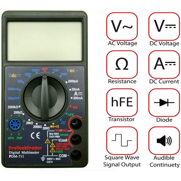Screen Digital Multimeter - Volts Ohms Amps Transistor (hFE) Square Wave Output Diode & Audible Continuity Tester with Buzzer - Walmart.com