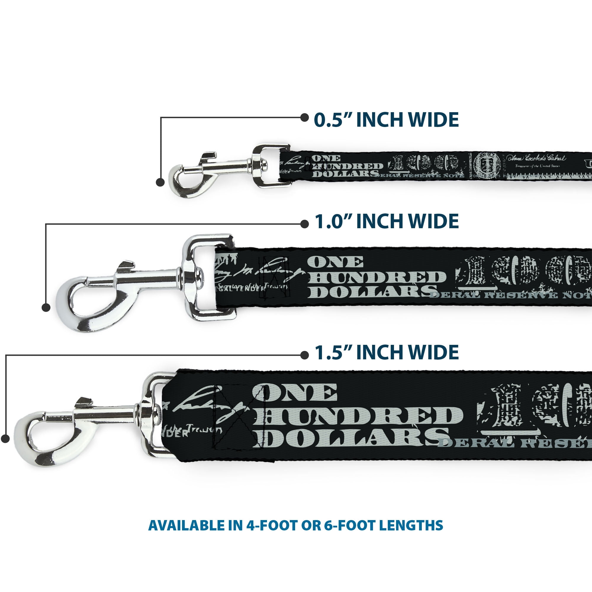 Buckle-Down Pet Leash, Dog Leash, Americana One Hundred Dollar Bill Elements Black Gray, 6 Feet Long 1.0 Inch Wide