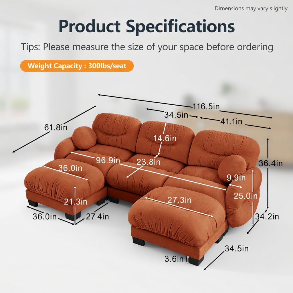Hommoo Chenille U-Shaped Modular Sectional Sofa with Ergonomic Foam, Pleated Back Design, 3-Seater + 2 Ottomans & Round Throw Pillows, Orange