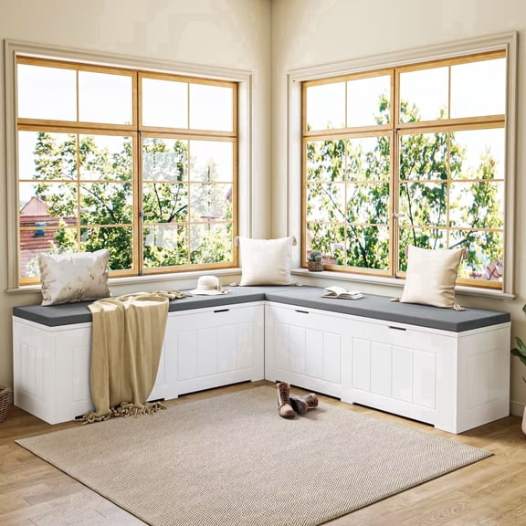 JassmiPkwy L-Shaped Corner Storage Bench with Cushion,Hidden Space and Shoe Storage, Corner Banquette Benches for Dining Room, Bedroom, White