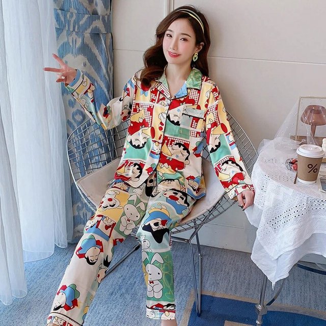 Pijamas de fiesta para mujer, ropa de dormir de seda de manga larga, suelta, con estampado navideño, pantalones largos elásticos, novedad de Primavera de 2021