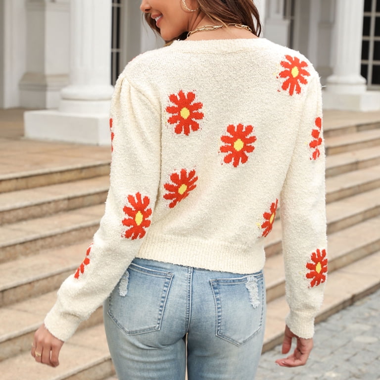 ZAFUL Women's Daisy Print Cable Knit Sweater - Loose Lantern Sleeve Pullover 4 thumbnail image