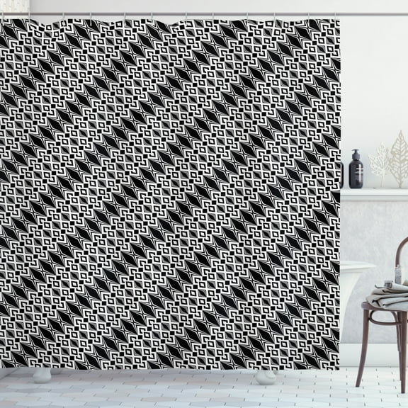 Geometric Shower Curtain, Diagonal Order Diamond Shapes and Rhombus Ornamental Monochrome Print, Fabric Bathroom Set with Hooks, 69W X 75L Inches Long, Charcoal Grey White, by Ambesonne