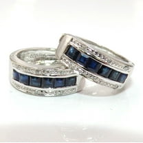 14K White Gold Natural Blue Sapphire & Diamond Hinged Hoop Huggie Earrings
