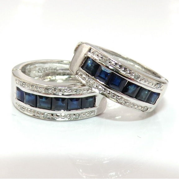 14K White Gold Natural Blue Sapphire & Diamond Hinged Hoop Huggie Earrings