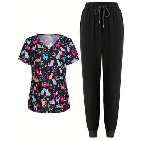 FrzhBrz Women s Scrub Sets V Neck Short Sleeve Floral Printed Tops Scrubs Jogger Pants Nurse Uniform Athletic Pocketed Nursing Workwear